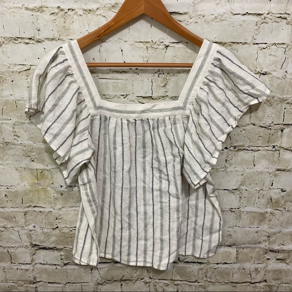 Vince Camuto Cream Green Striped Metallic Weave Square Neck Top - Picture 1 of 6